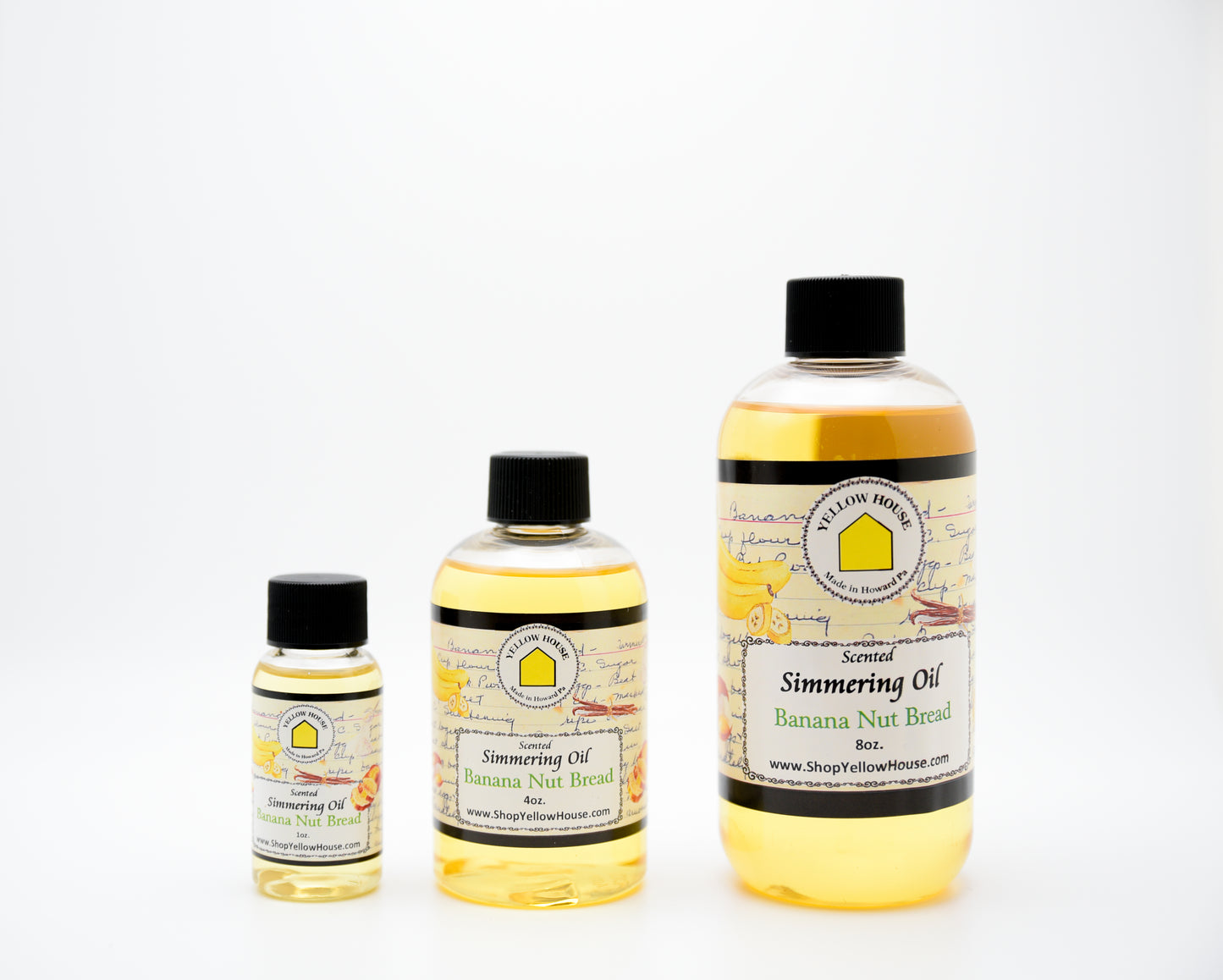 Yellow House Banana Nut Bread simmering oil available in 1 oz, 4 oz, and 8 oz bottles