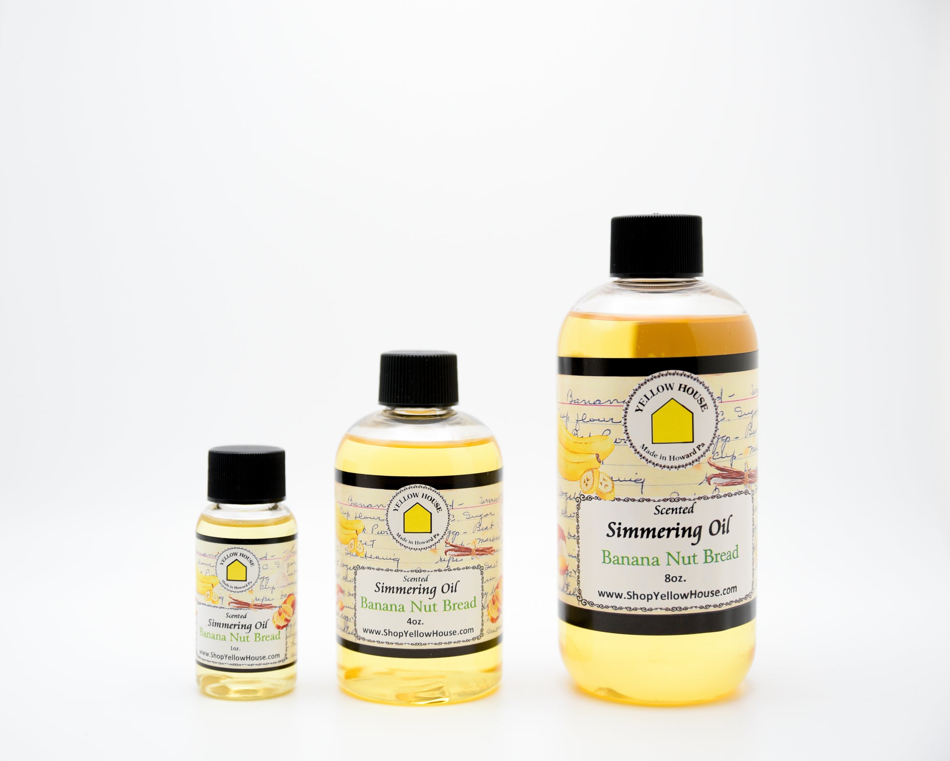 Yellow House Banana Nut Bread simmering oil available in 1 oz, 4 oz, and 8 oz bottles