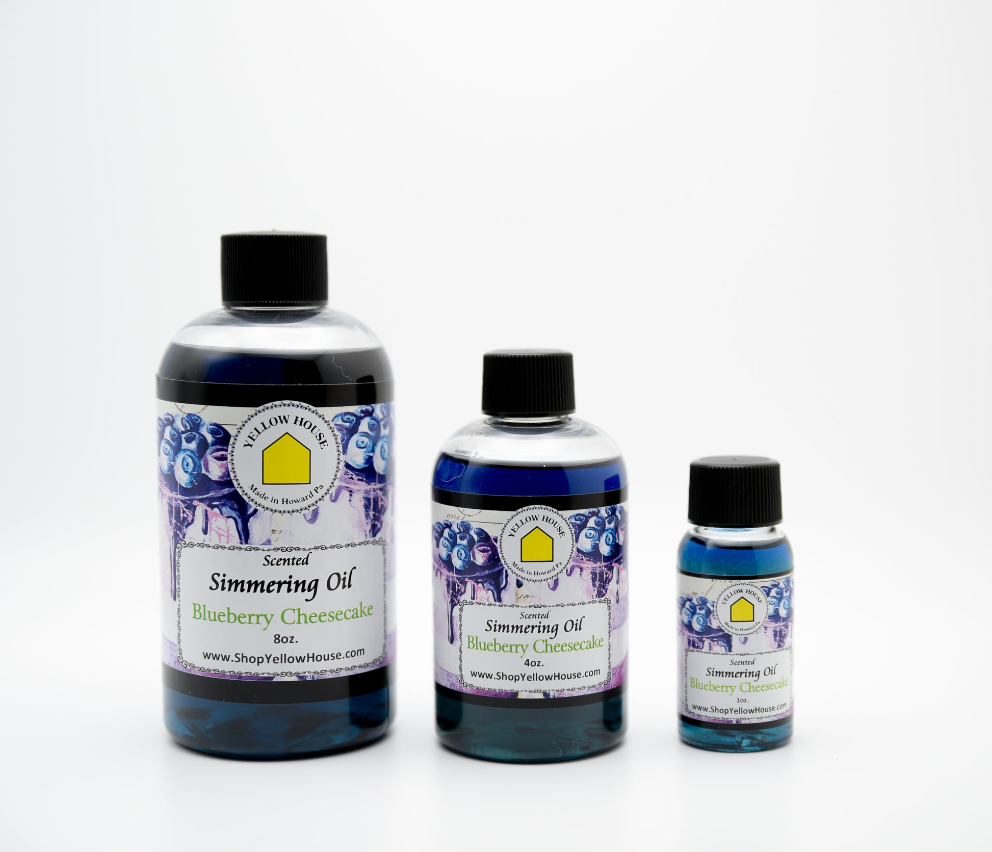 Yellow House Blueberry Cheesecake simmering oil available in 1 oz, 4 oz, and 8 oz bottles