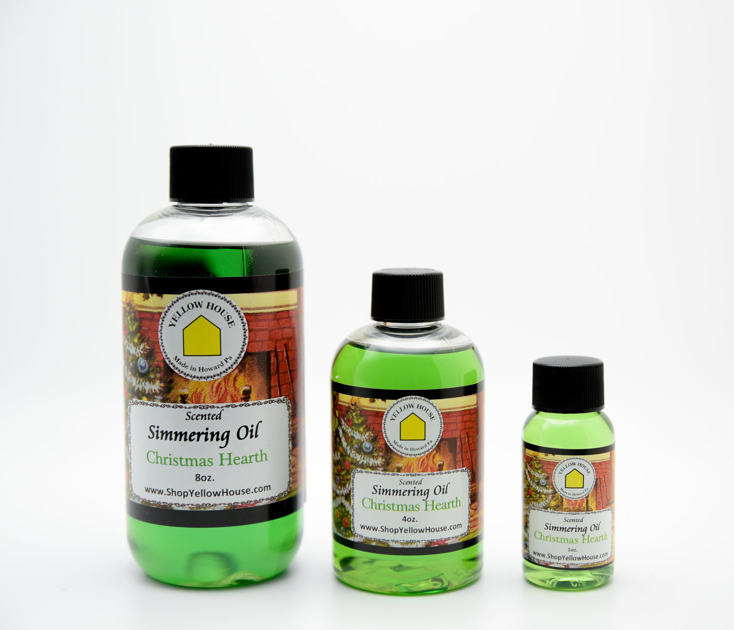 Yellow House Christmas Hearth simmering oil available in 1 oz, 4 oz, and 8 oz bottles