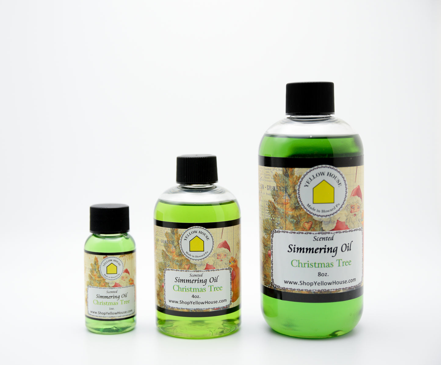 Yellow House Christmas Tree simmering oil available in 1 oz, 4 oz, and 8 oz bottles