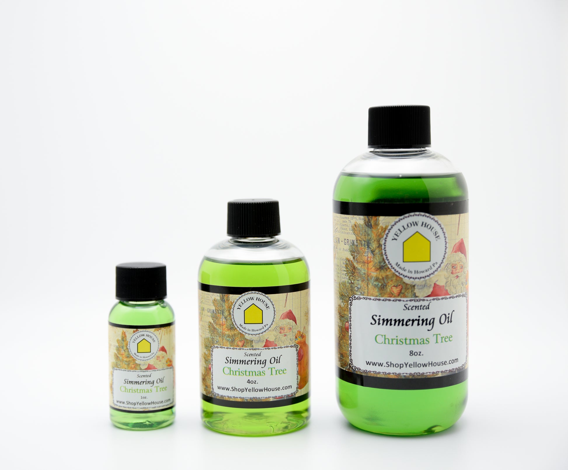 Yellow House Christmas Tree simmering oil available in 1 oz, 4 oz, and 8 oz bottles