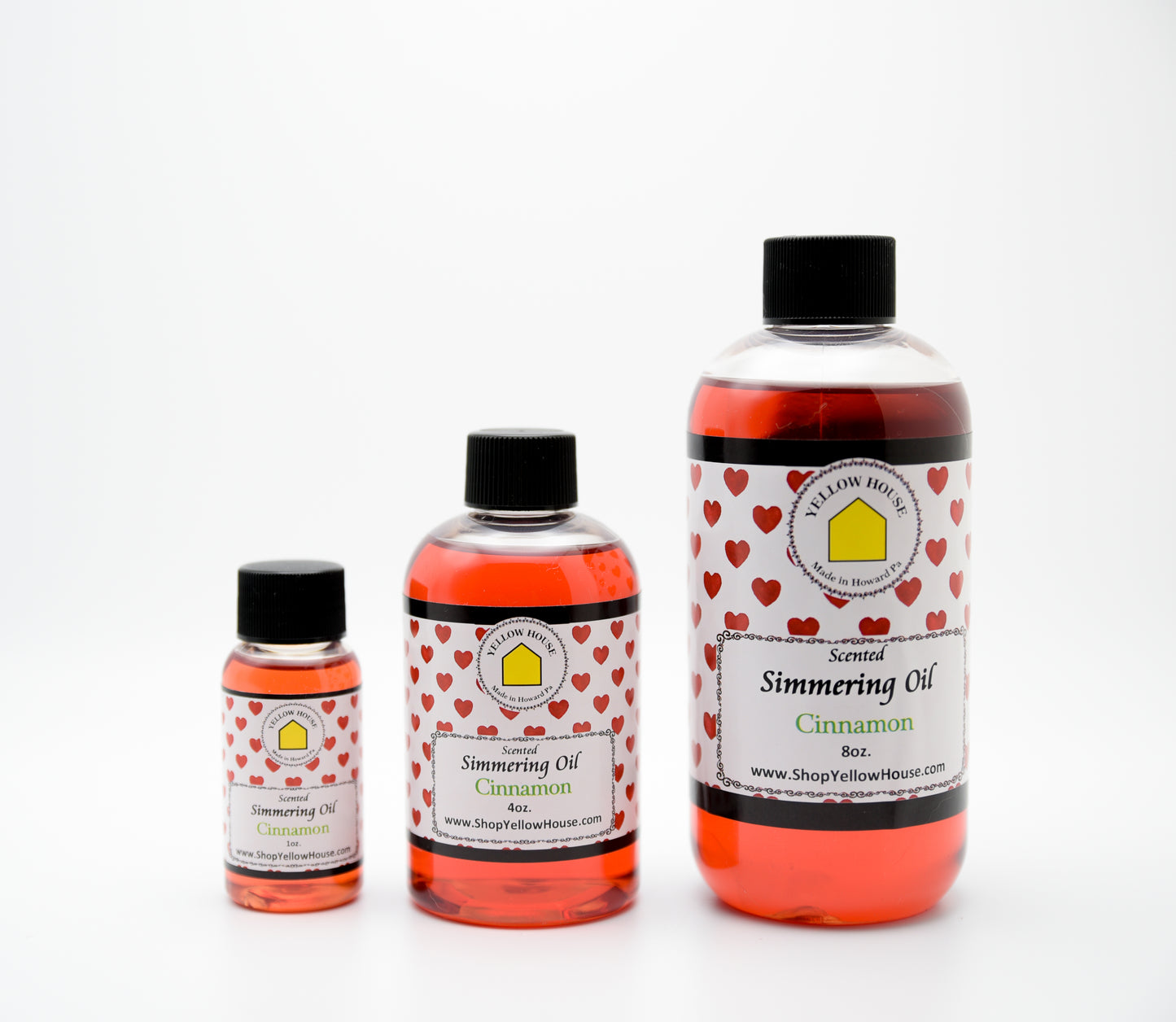 Yellow House Cinnamon simmering oil available in 1 oz, 4 oz, and 8 oz bottles