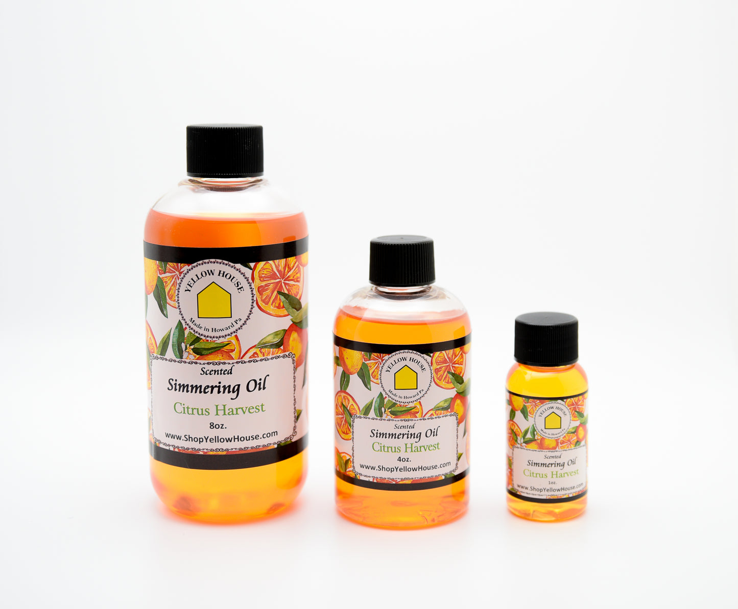 Yellow House Citrus Harvest simmering oil available in 1 oz, 4 oz, and 8 oz bottles