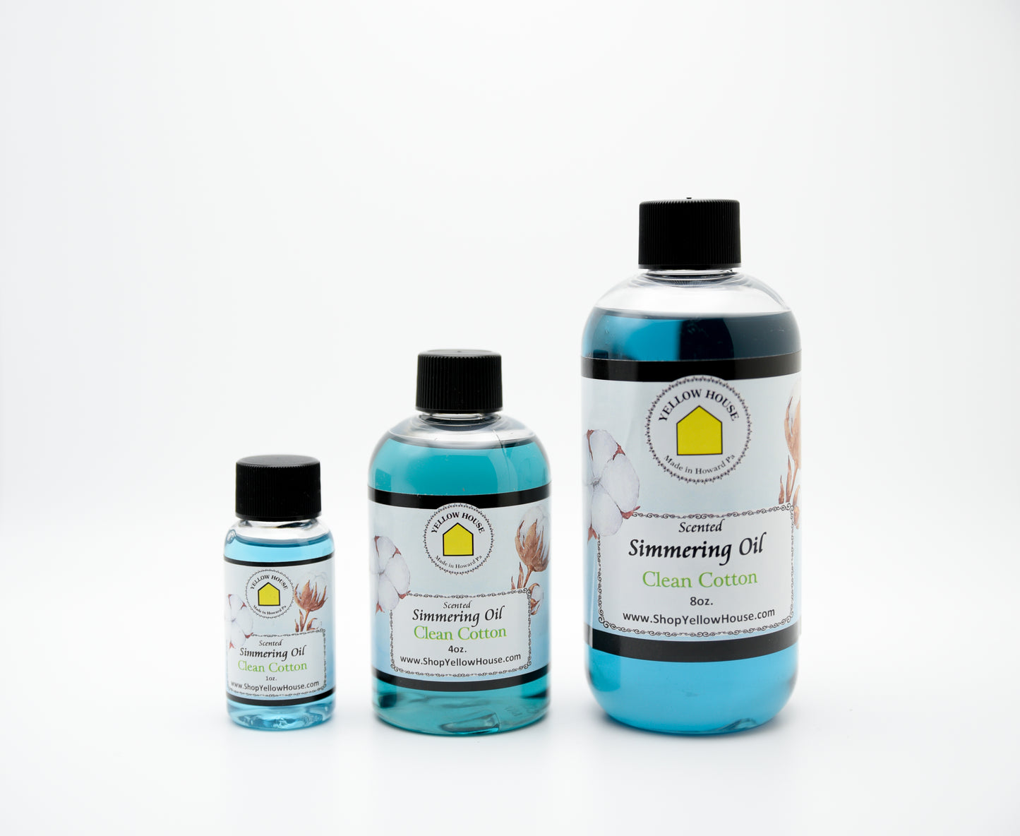 Yellow House Clean Cotton simmering oil available in 1 oz, 4 oz, and 8 oz bottles
