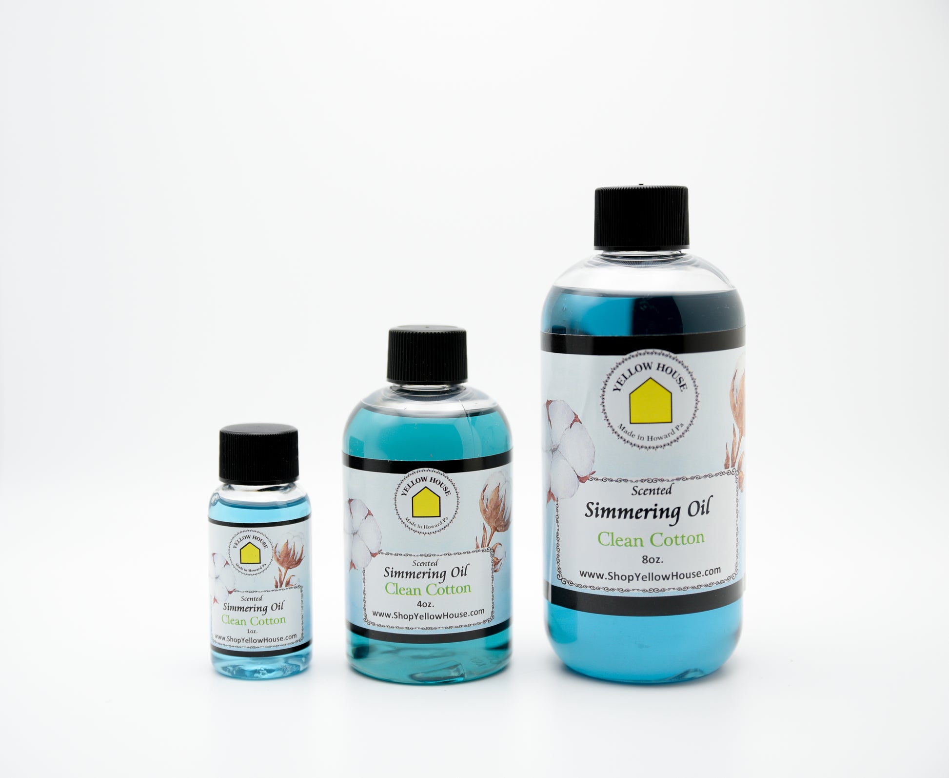 Yellow House Clean Cotton simmering oil available in 1 oz, 4 oz, and 8 oz bottles