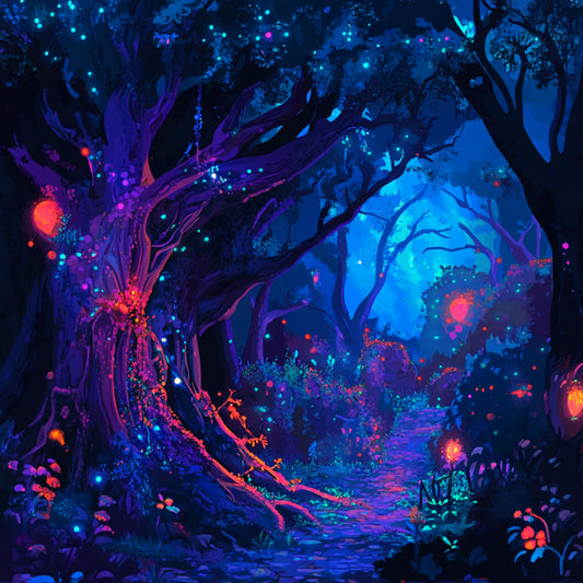 Enchanted forest with glowing trees and path at night