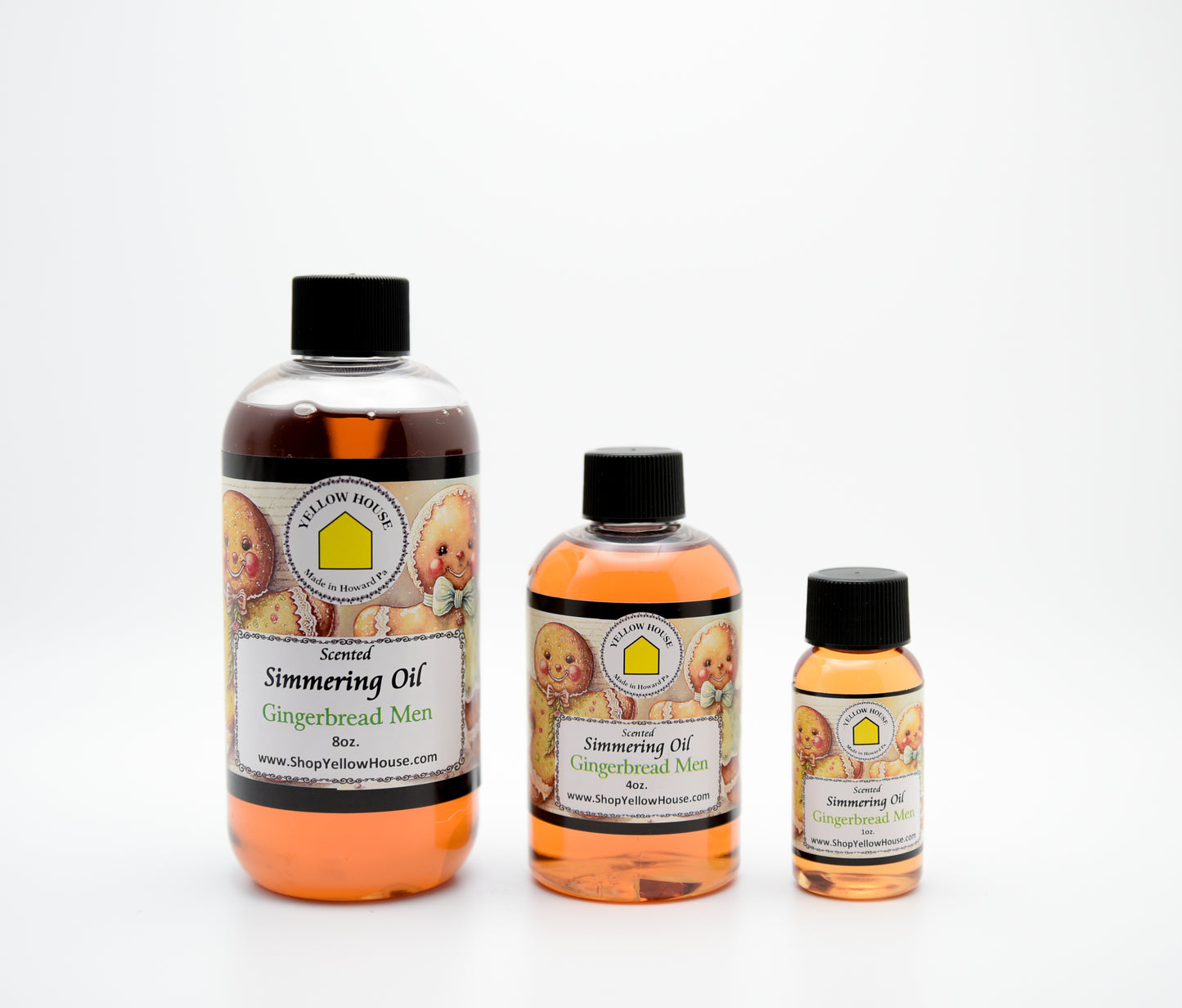 Yellow House Gingerbread Man simmering oil available in 1 oz, 4 oz, and 8 oz bottles