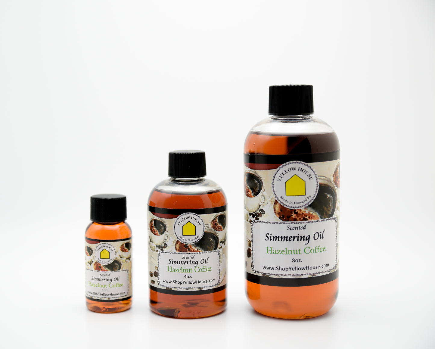 Yellow House Hazelnut Coffee simmering oil available in 1 oz, 4 oz, and 8 oz bottles