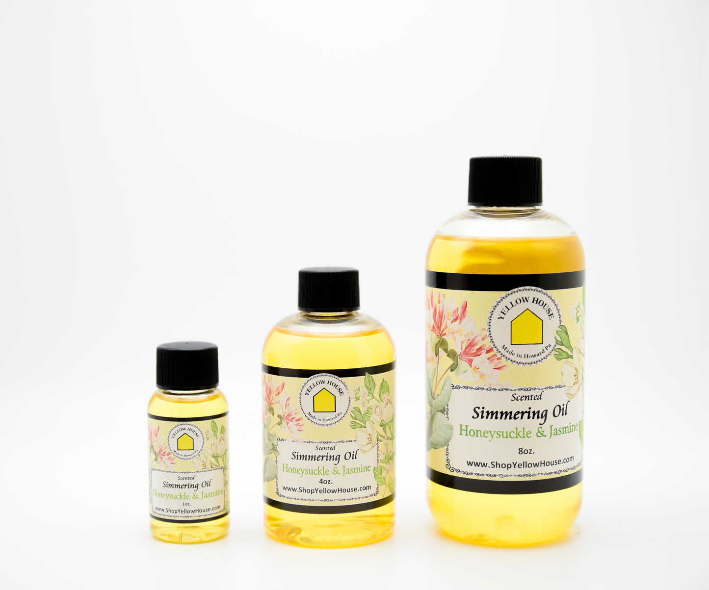 Yellow House Honeysuckle & Jasmine simmering oil available in 1 oz, 4 oz, and 8 oz bottles