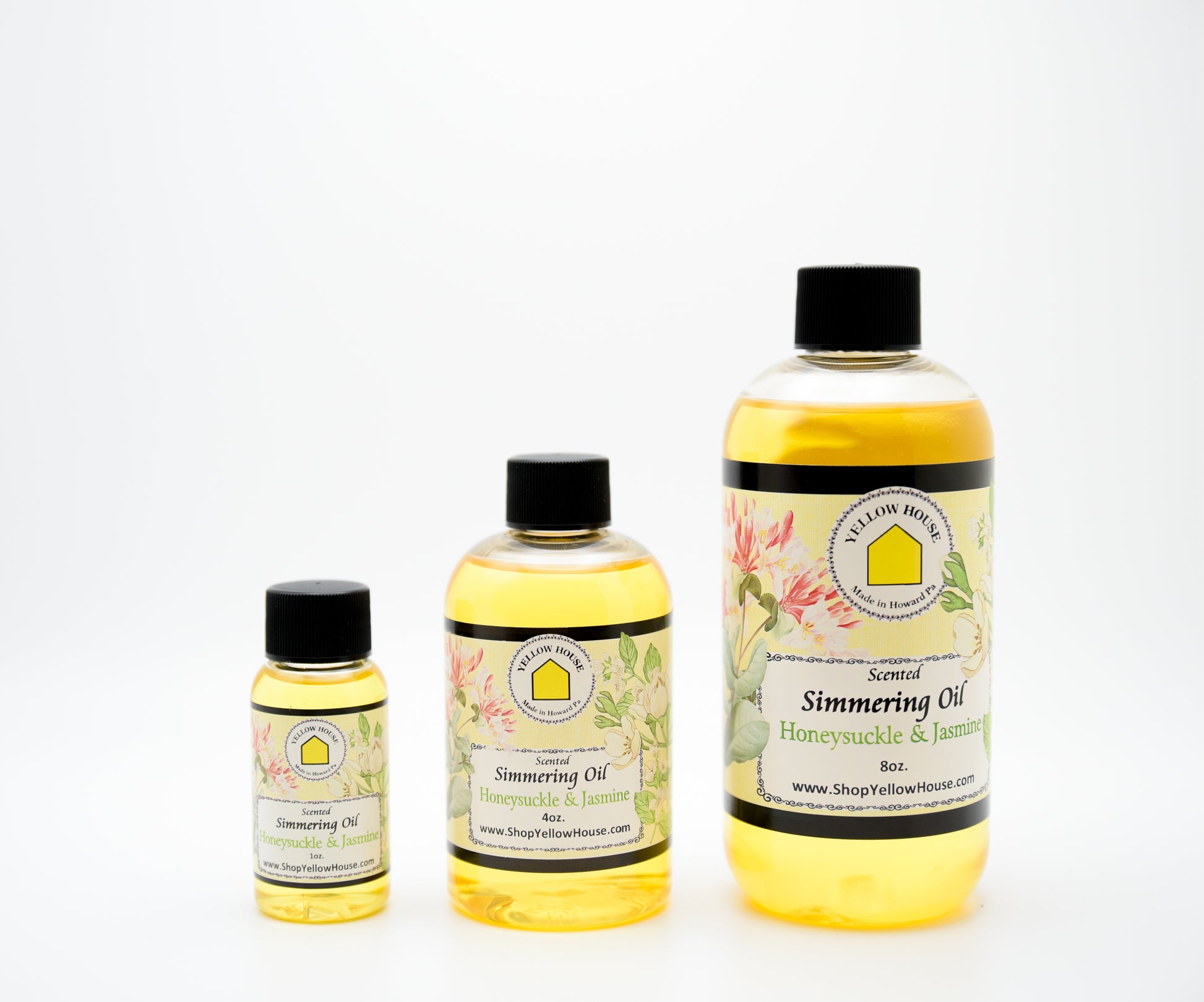 Yellow House Honeysuckle & Jasmine simmering oil available in 1 oz, 4 oz, and 8 oz bottles