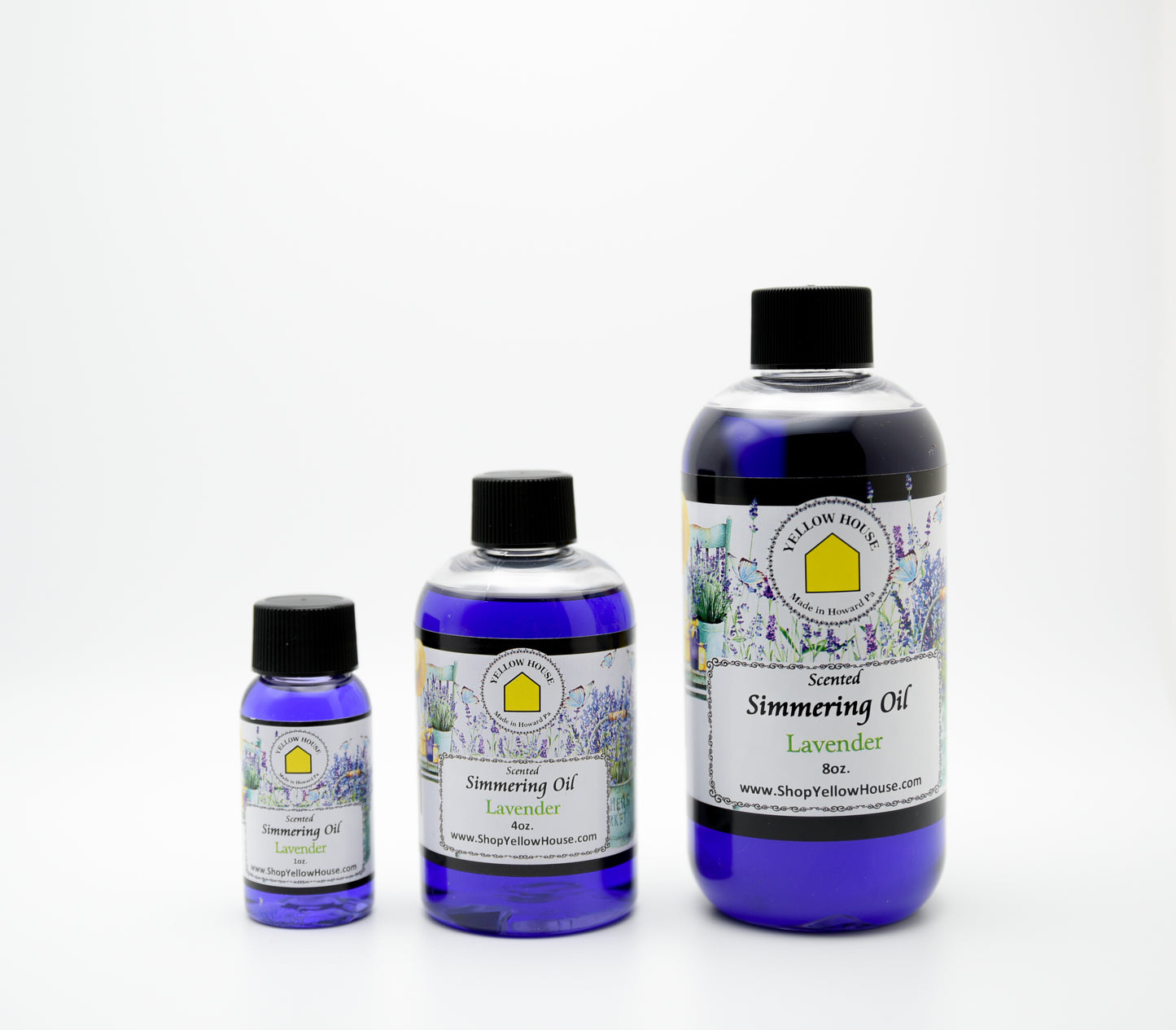 Yellow House Lavender simmering oil available in 1 oz, 4 oz, and 8 oz bottles