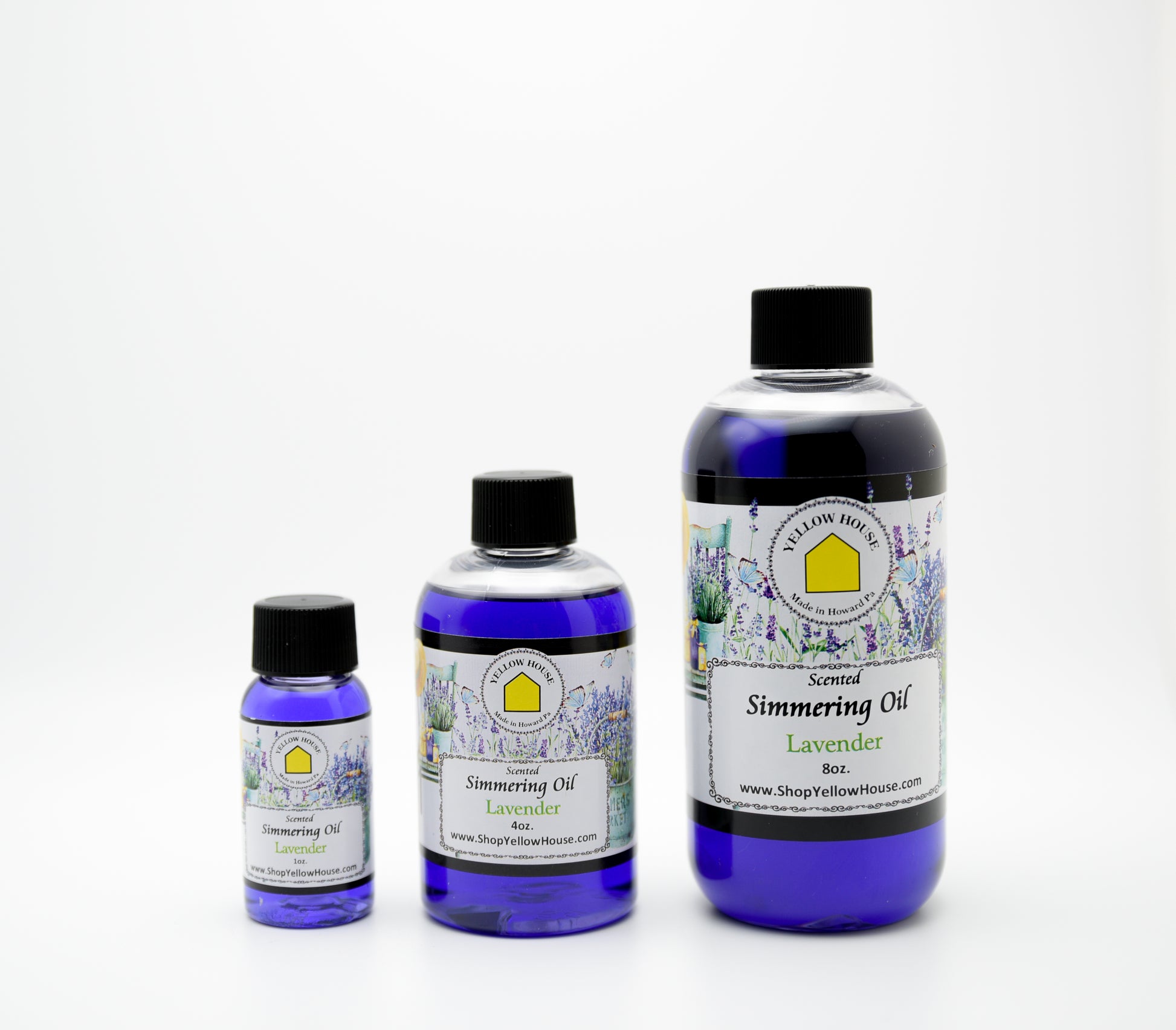 Yellow House Lavender simmering oil available in 1 oz, 4 oz, and 8 oz bottles