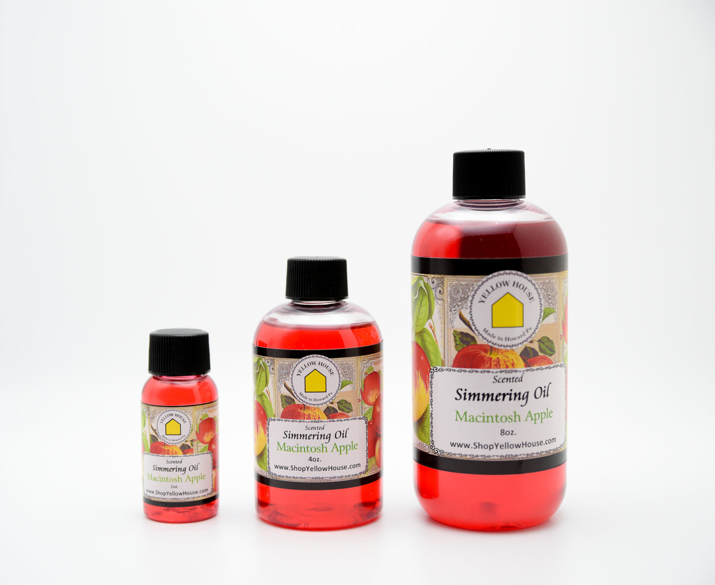 Yellow House Macintosh Apple simmering oil available in 1 oz, 4 oz, and 8 oz bottles