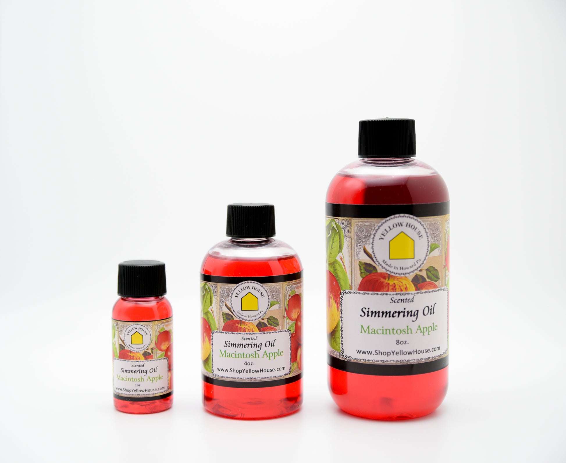Yellow House Macintosh Apple simmering oil available in 1 oz, 4 oz, and 8 oz bottles
