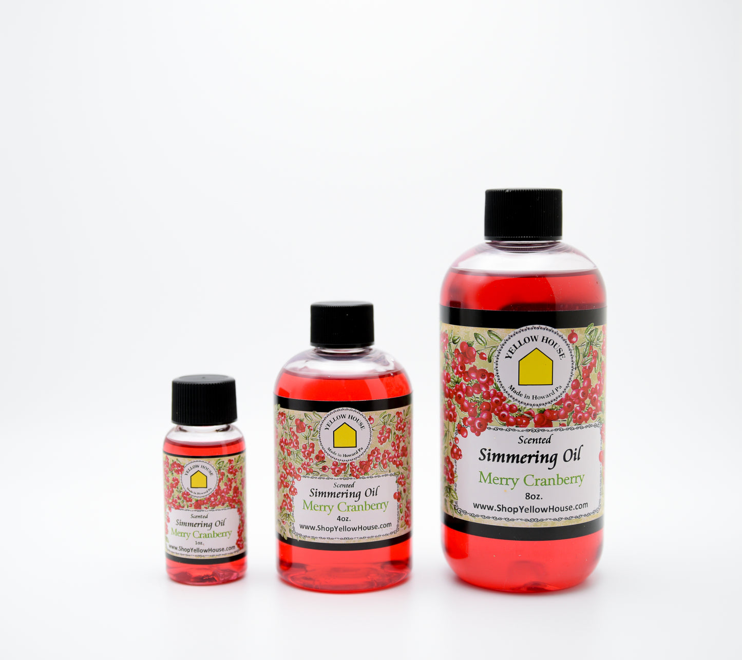 Yellow House Merry Cranberry simmering oil available in 1 oz, 4 oz, and 8 oz bottles