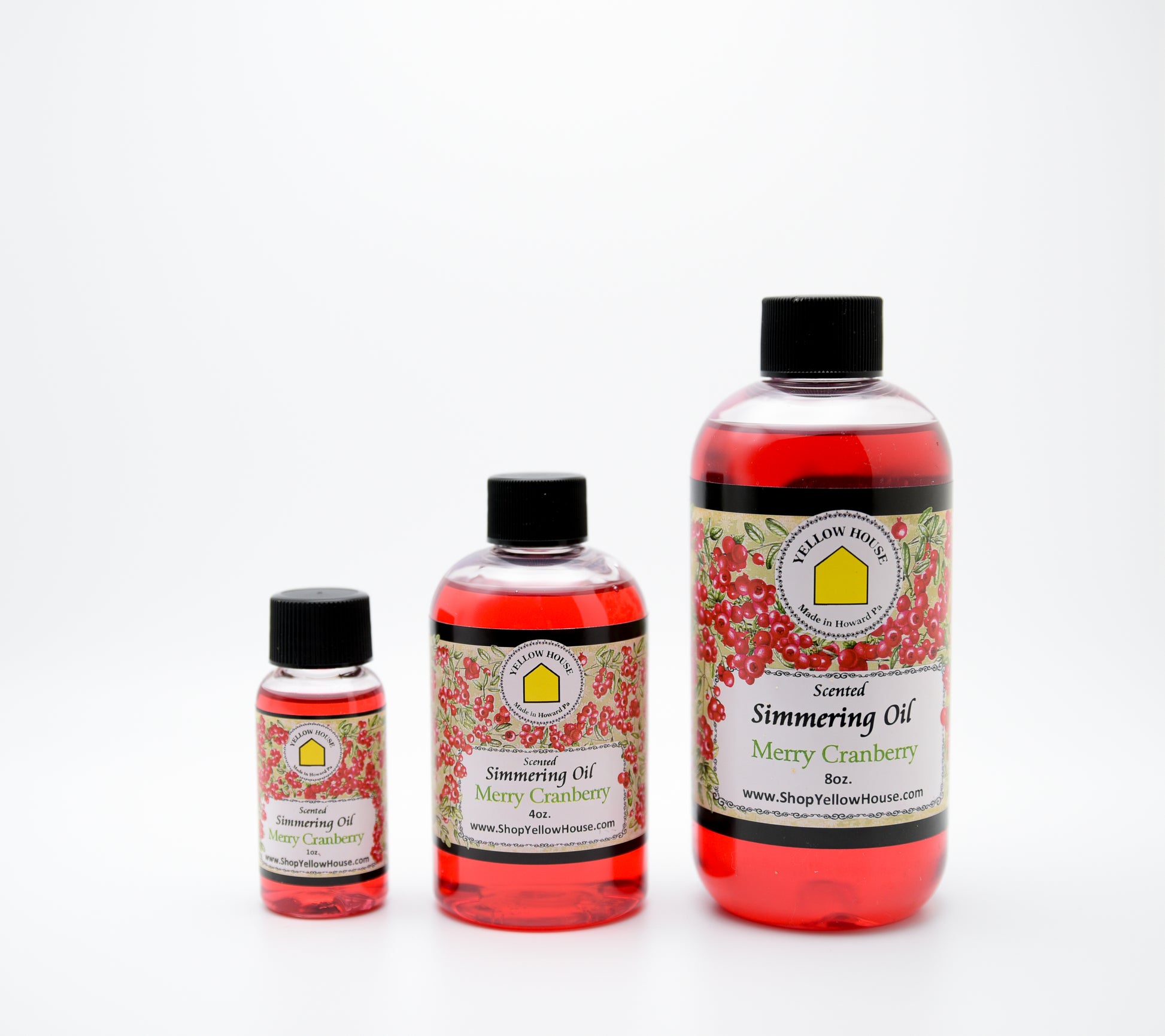 Yellow House Merry Cranberry simmering oil available in 1 oz, 4 oz, and 8 oz bottles