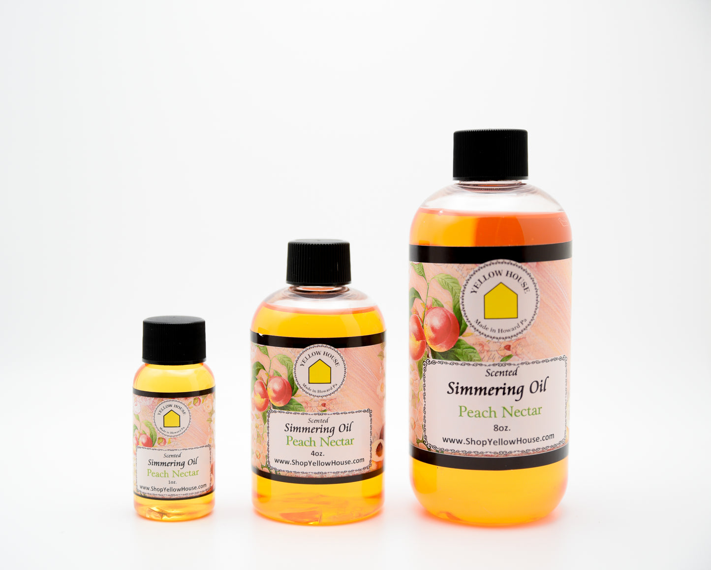 Yellow House Peach Nectar simmering oil available in 1 oz, 4 oz, and 8 oz bottles