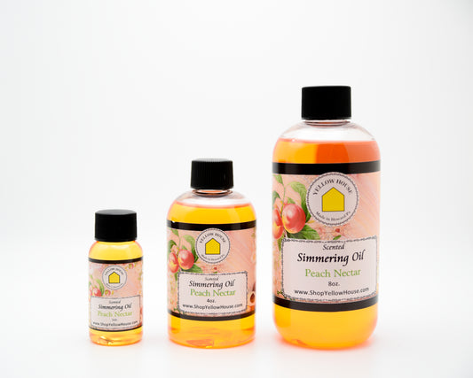 Yellow House Peach Nectar simmering oil available in 1 oz, 4 oz, and 8 oz bottles