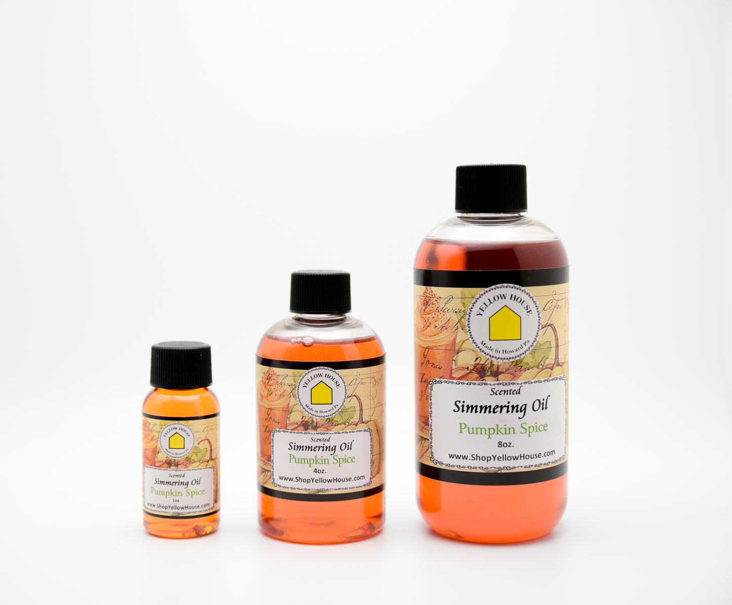 Yellow House Pumpkin Spice simmering oil available in 1 oz, 4 oz, and 8 oz bottles