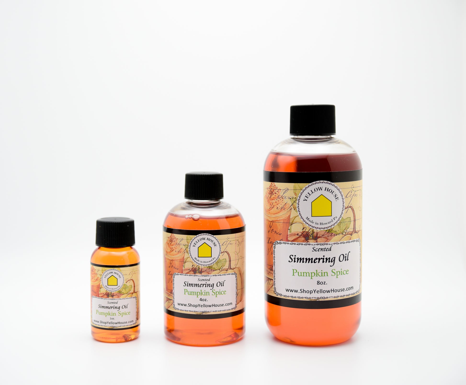 Yellow House Pumpkin Spice simmering oil available in 1 oz, 4 oz, and 8 oz bottles