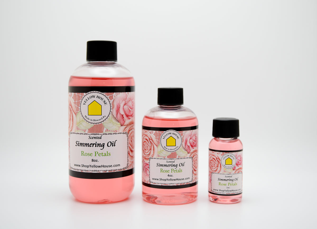 Yellow House Rose Petals simmering oil available in 1 oz, 4 oz, and 8 oz bottles