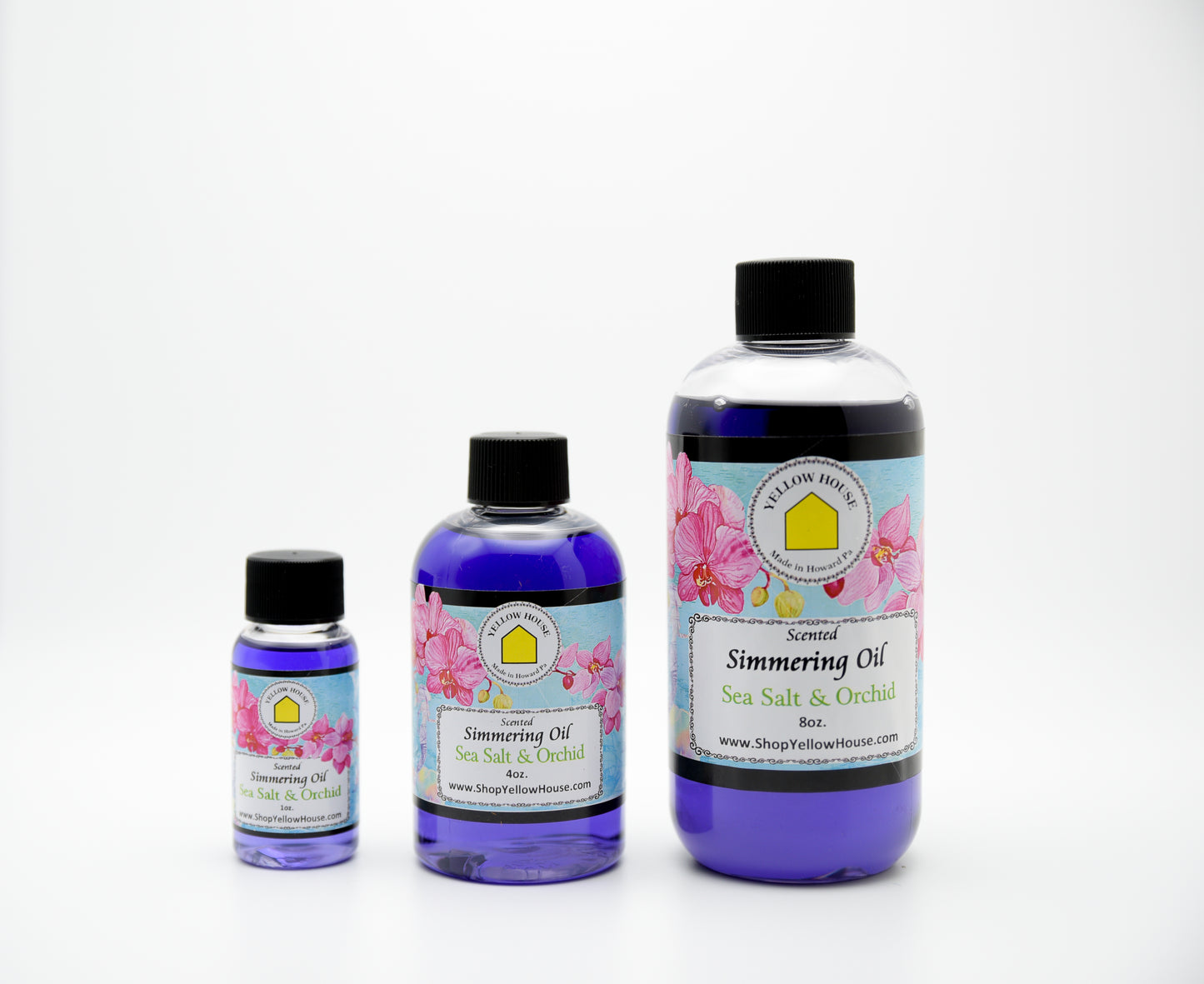 Yellow House Sea Salt & Orchid simmering oil available in 1 oz, 4 oz, and 8 oz bottles