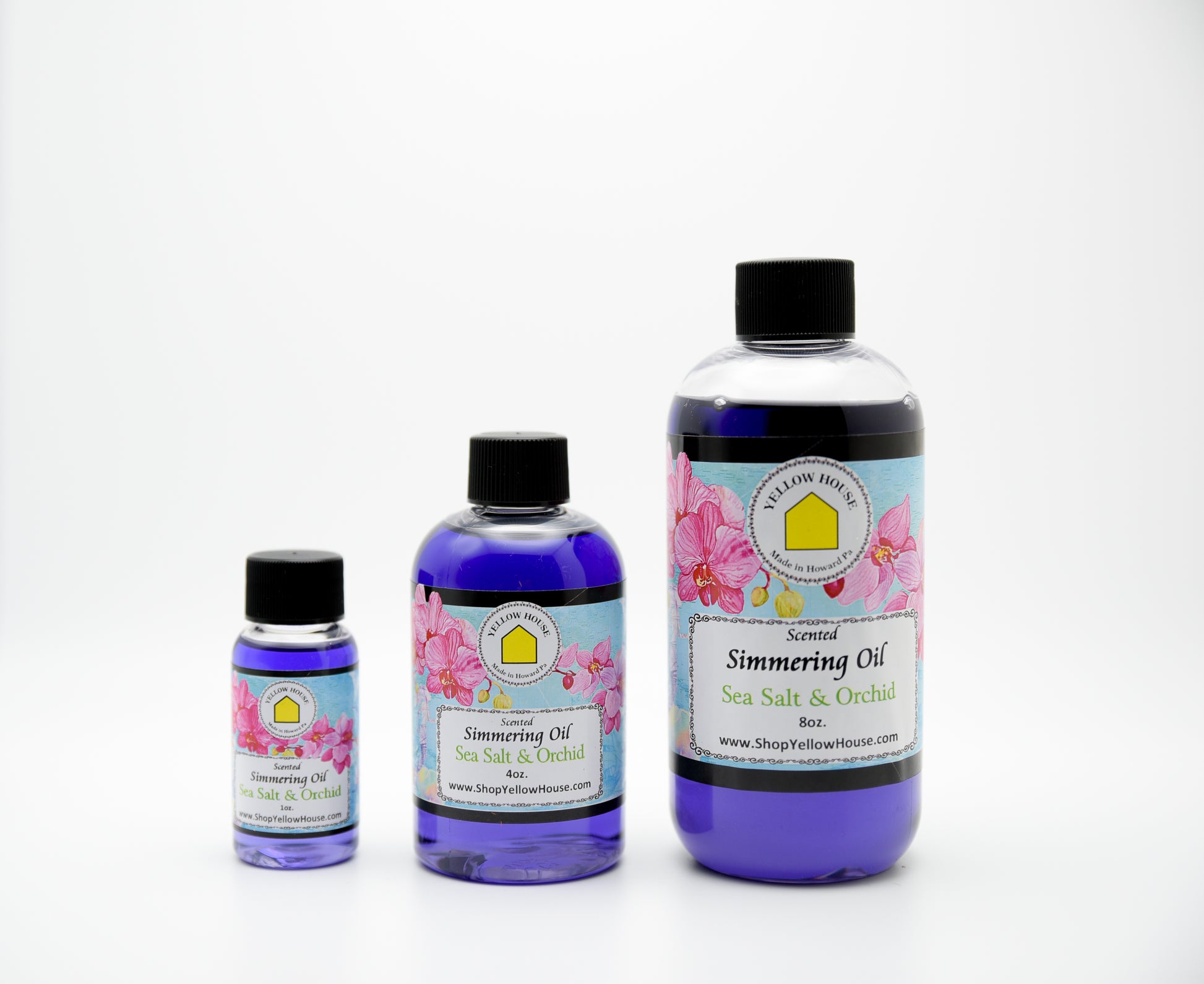 Yellow House Sea Salt & Orchid simmering oil available in 1 oz, 4 oz, and 8 oz bottles