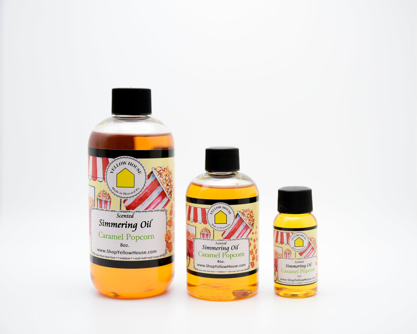 Yellow House Caramel Popcorn simmering oil available in 1 oz, 4 oz, and 8 oz bottles