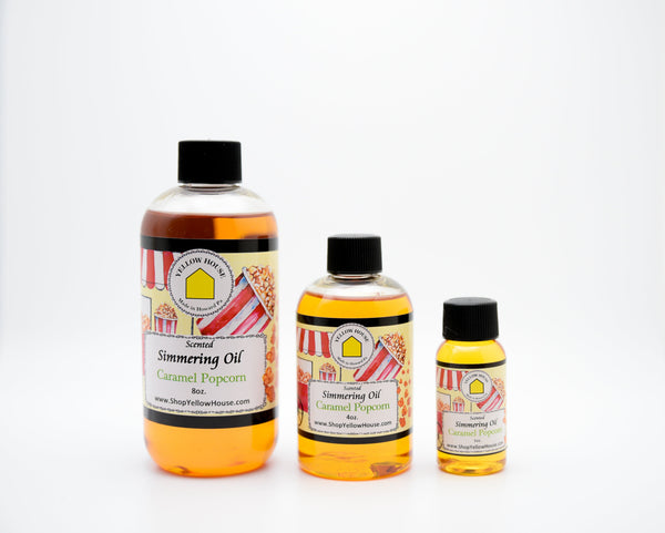Yellow House Caramel Popcorn simmering oil available in 1 oz, 4 oz, and 8 oz bottles